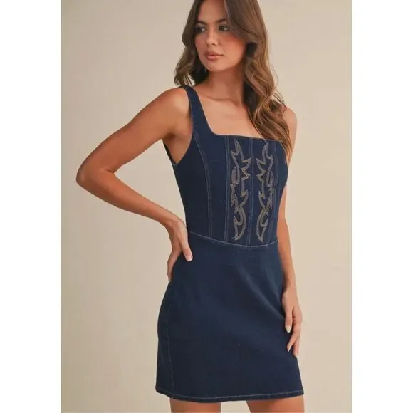 Western Denim Mini Dress Bodycon Square Neck Country Concert Cowgirl Size L  NEW - Picture 9 of 9